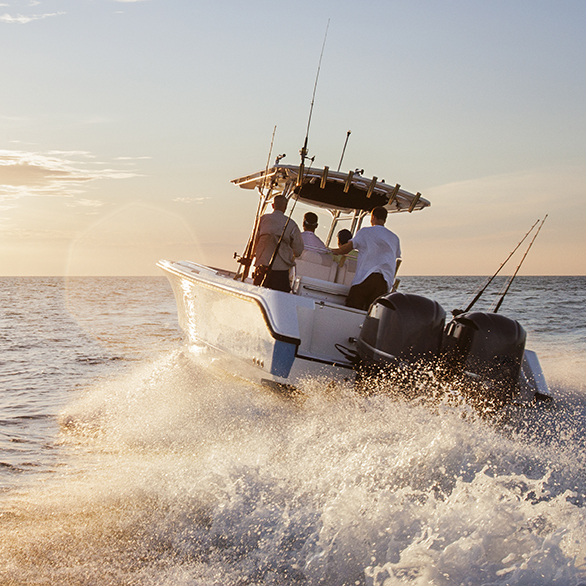 Rear view of motor boat under way at sea.